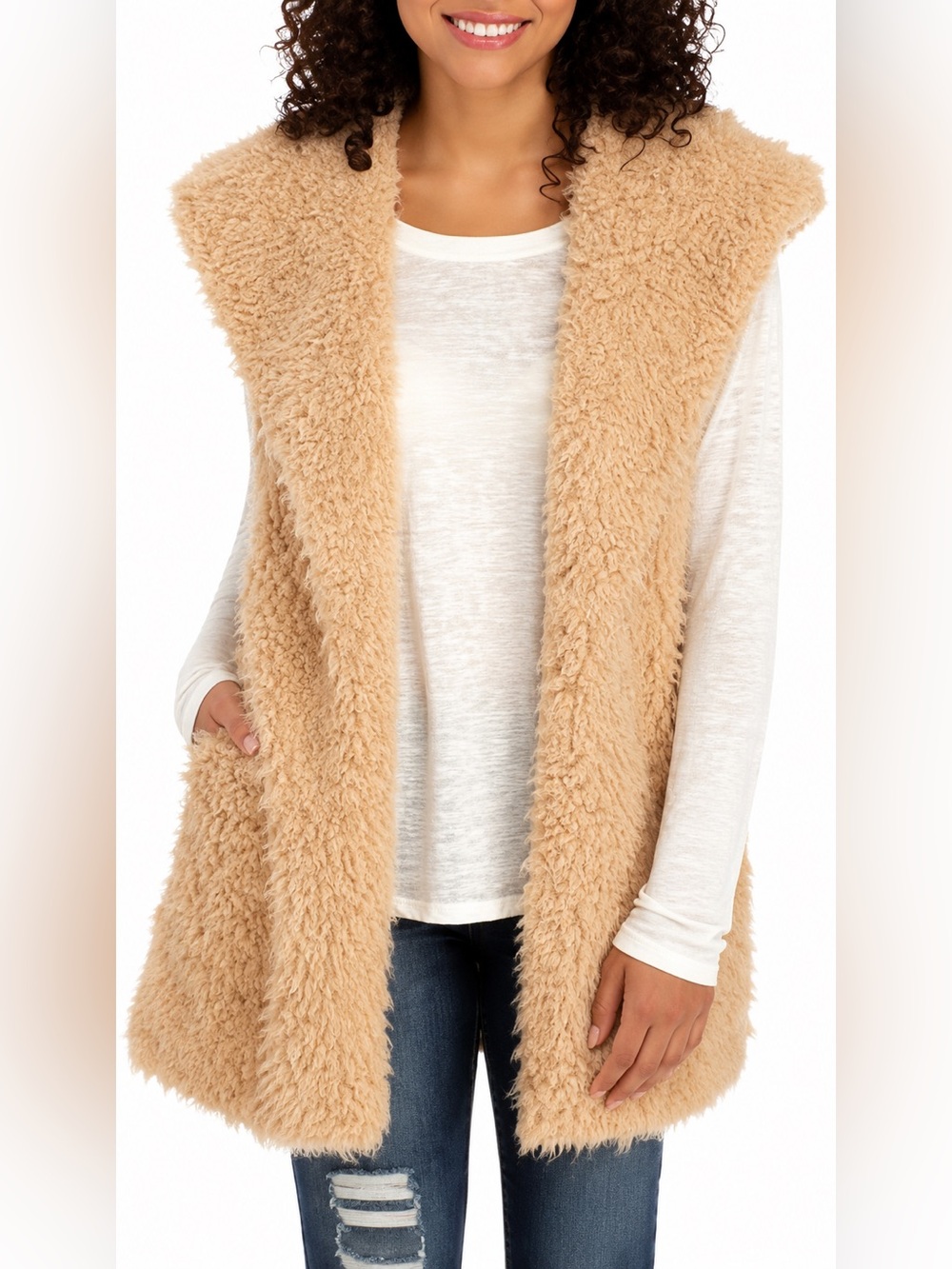 Me Jane Faux Fur Vest Medium Tan Beige Teddy Shaggy Open Front Pockets